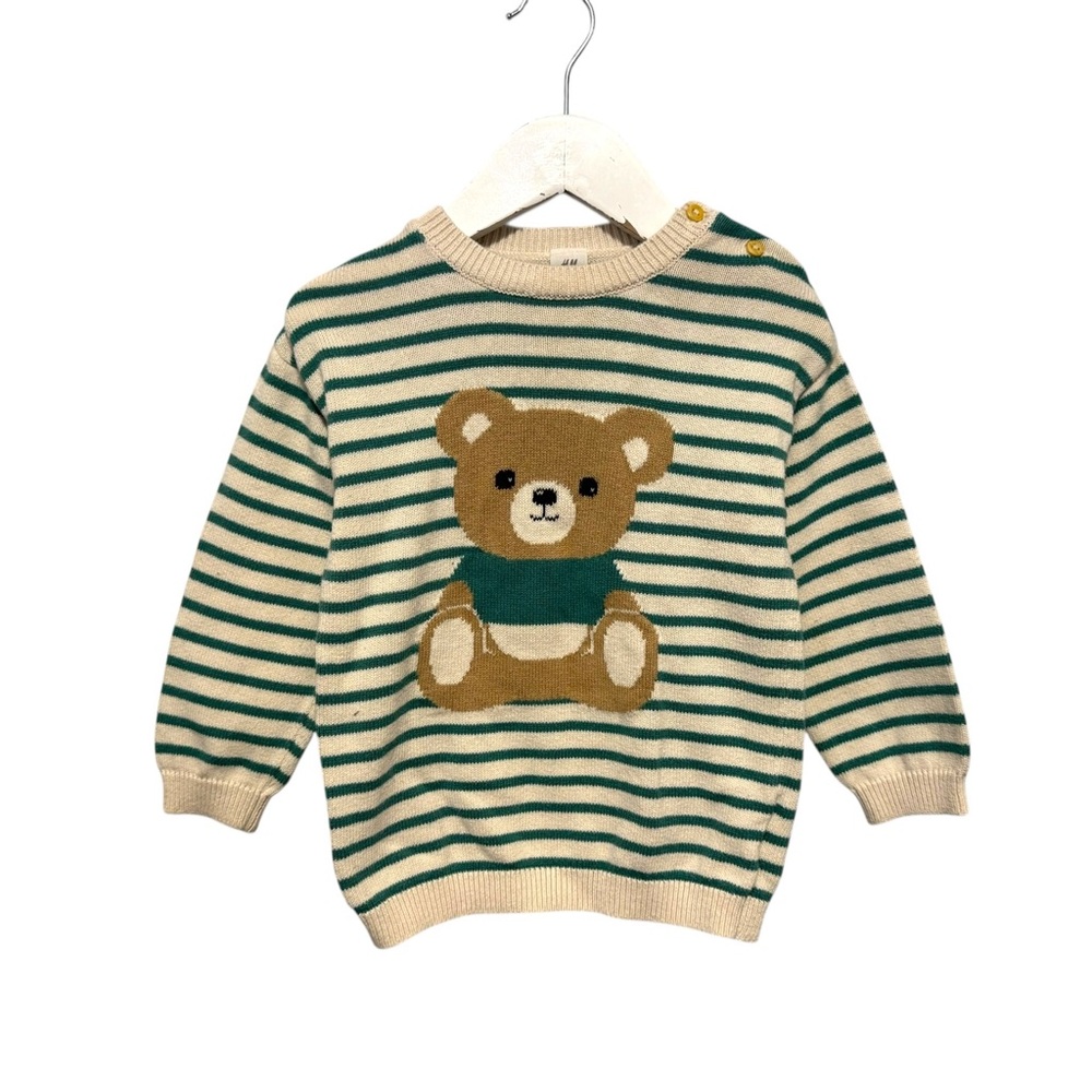 H&M Green and Cream Striped Sweater with Bear Design - Size 2T